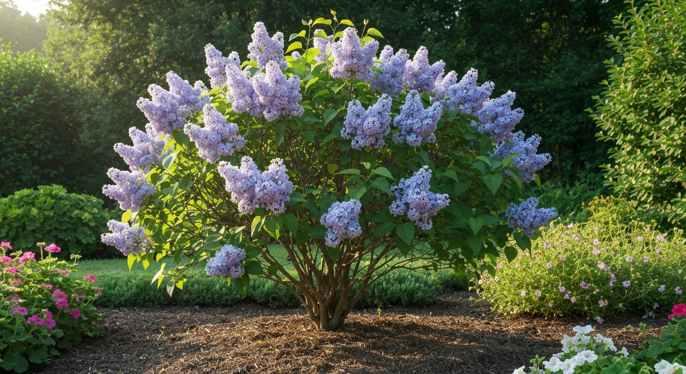 Miss Kim lilac shrub in full bloom with lavender-blue flower panicles.