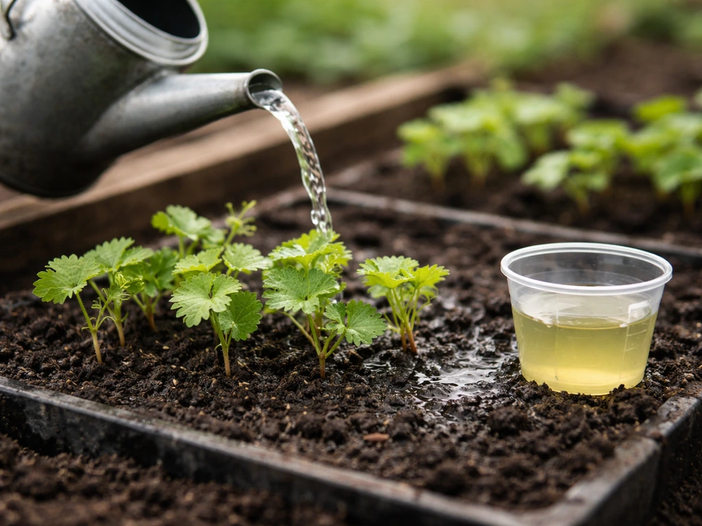 Young vine seedlings in soil being watered gently from a watering can, with a small cup of liquid fertilizer nearby.
