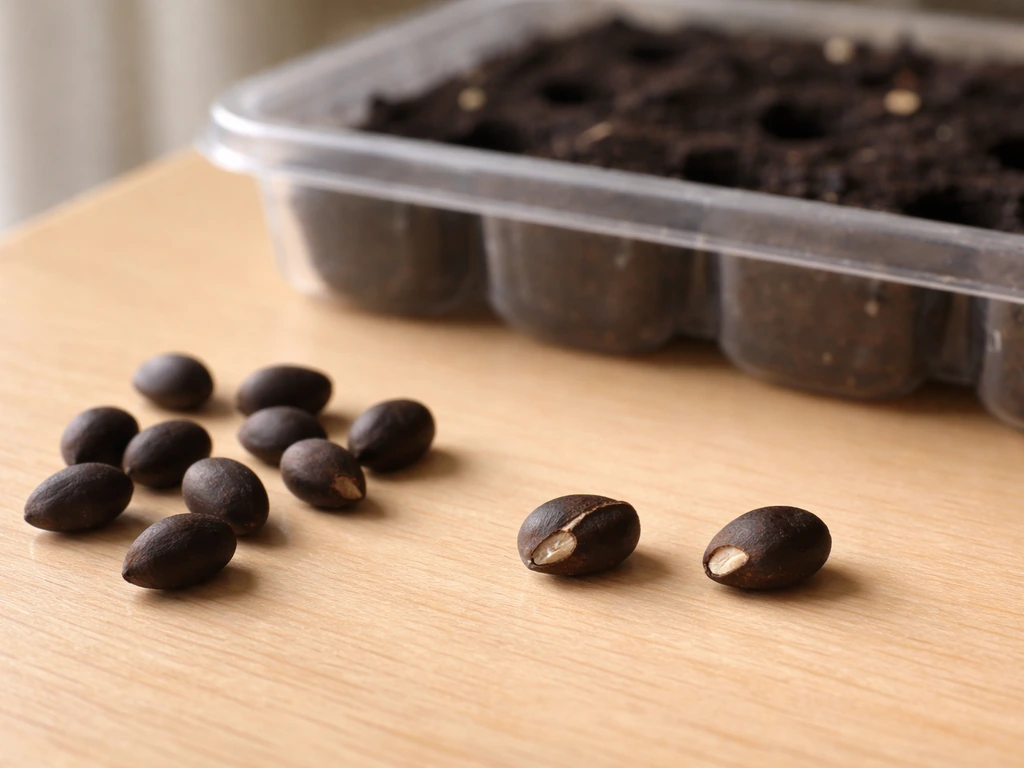 Hard morning glory seeds beside torn seed coat and a simple germination tray in soil
