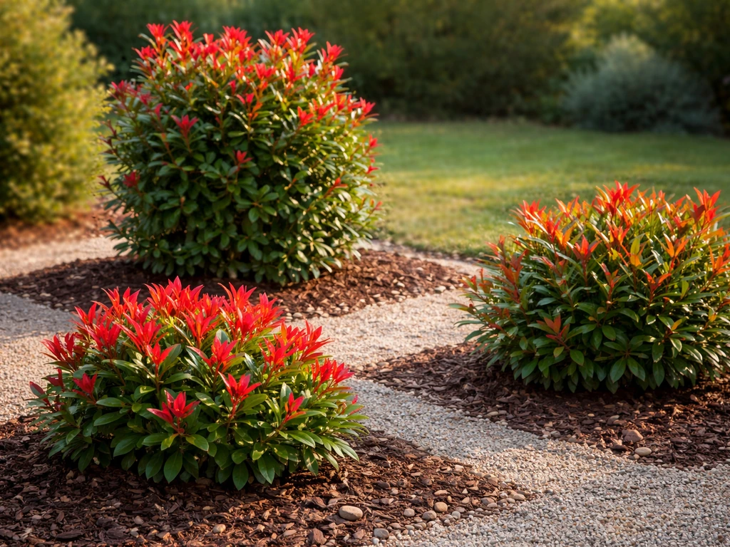 Three photinia shrubs showing distinct leaf forms and bright red new growth in a simple garden bed.