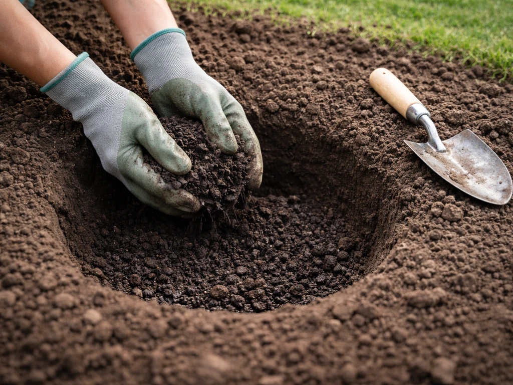 Gloved hands mixing compost into a freshly dug planting hole with loosened dark soil in focus.