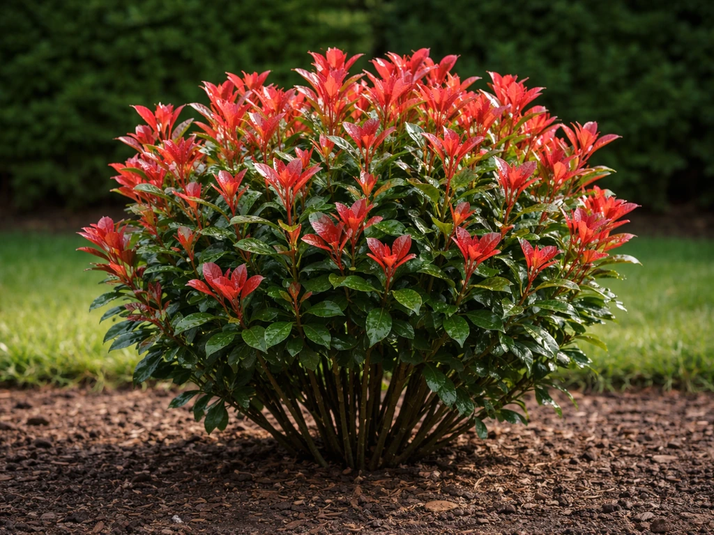 Side view of trimmed photinia branches with fresh red new growth after pruning.