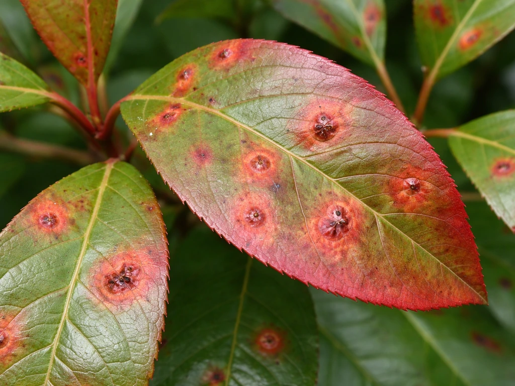 Close-up of photinia leaf with small circular reddish spots and tiny dark specks from leaf spot fungus