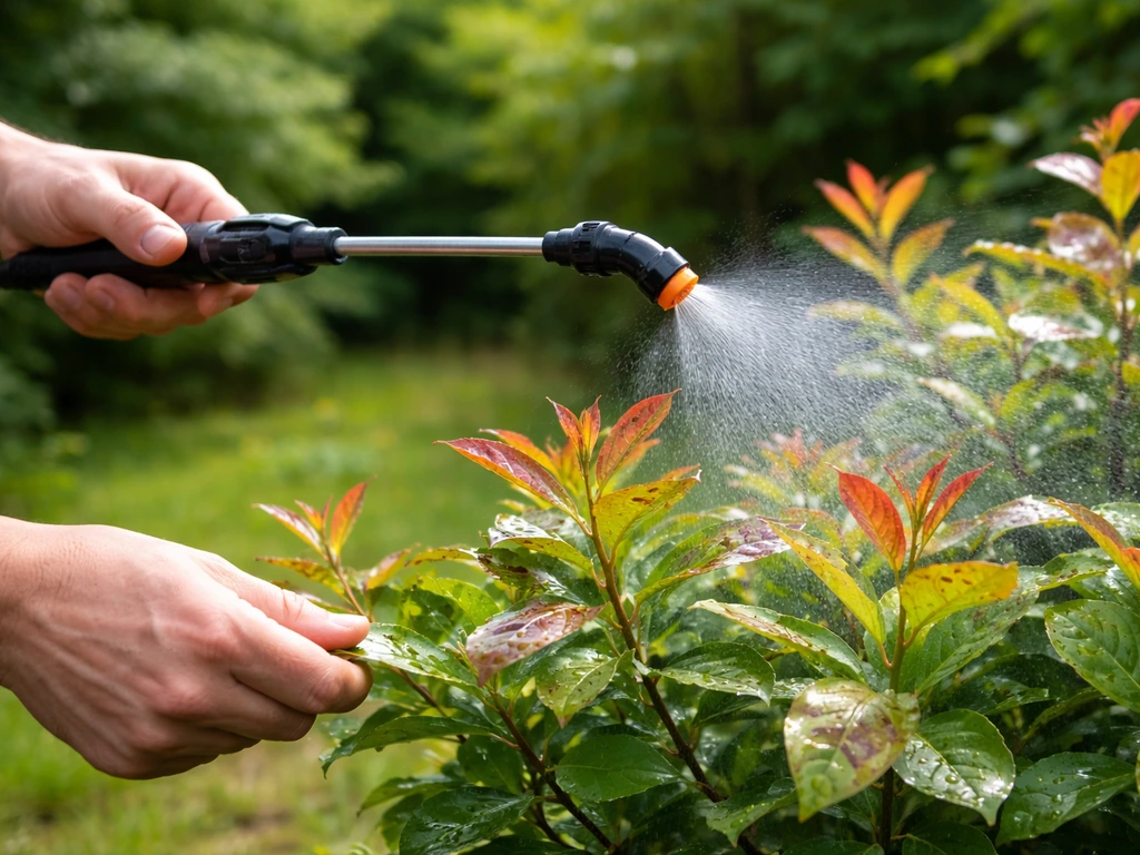Hands spraying protective mist onto fresh photinia growth, with a few older leaves showing light spotting.