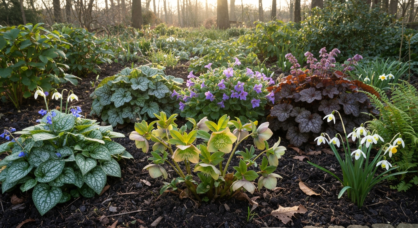 Mixed shade garden bed with hellebores in bloom surrounded by Brunnera, Pulmonaria, Heuchera, ferns and spring bulbs.