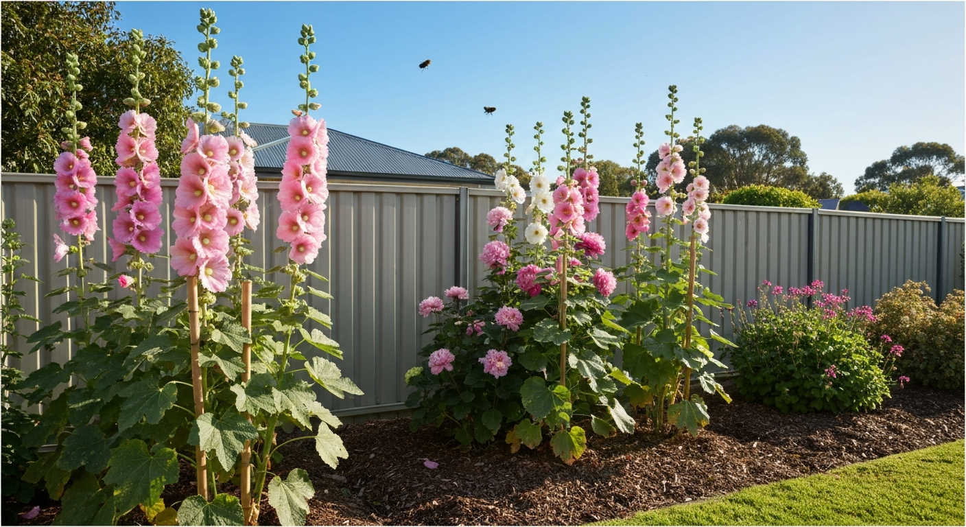 Tall hollyhocks in full bloom against a fence in an Australian garden with bamboo stakes and pollinators.