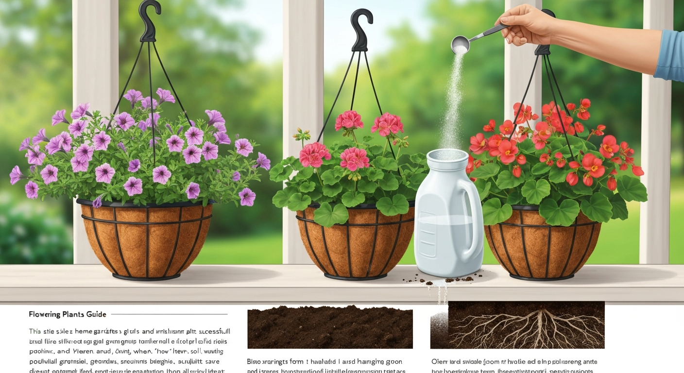 Illustration of hanging baskets being fed with a diluted 24-8-16 fertilizer solution; measuring spoon, gallon jug, and a subtle cutaway of the root zone are visible.