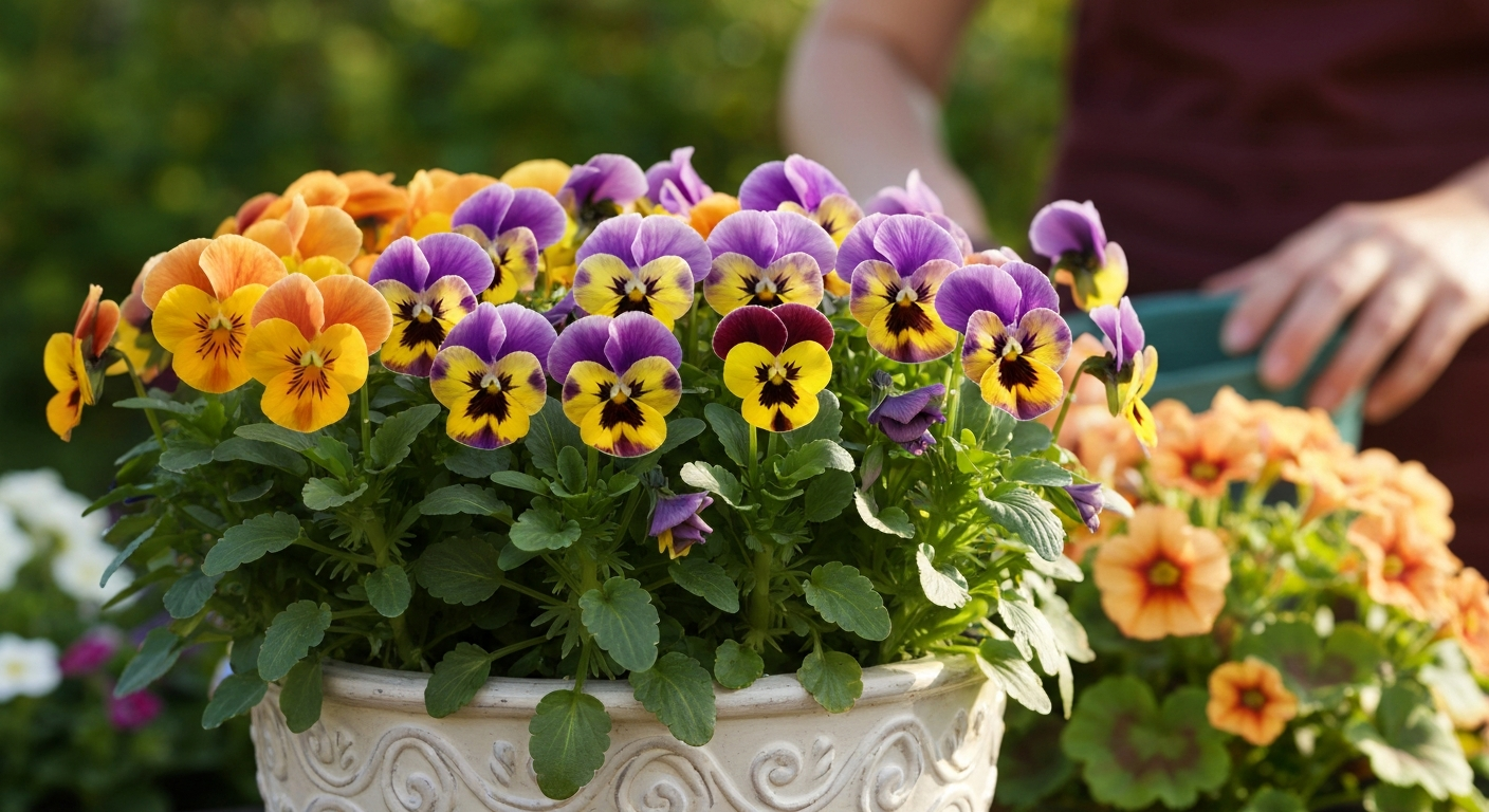 Close-up of a healthy container of colorful pansies with lush green foliage in morning light.