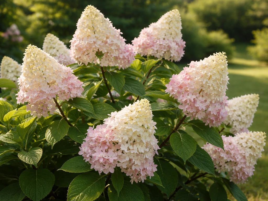 Close-up of panicle hydrangea blooms with green leaves in a softly lit Ontario garden.