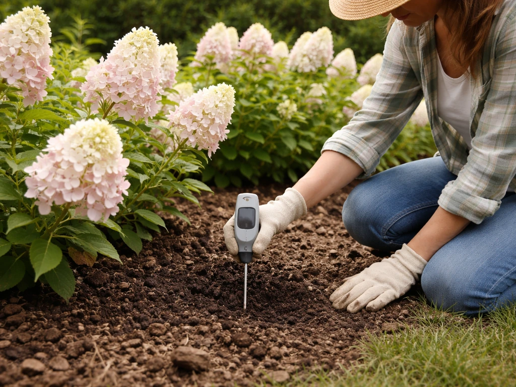 Gardener kneeling by panicle hydrangeas, using a handheld soil pH tester in dark garden soil.