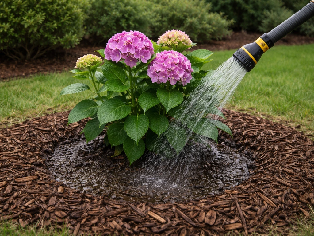 Garden hose waters a freshly planted hydrangea in a mulch ring, soaking the root zone.