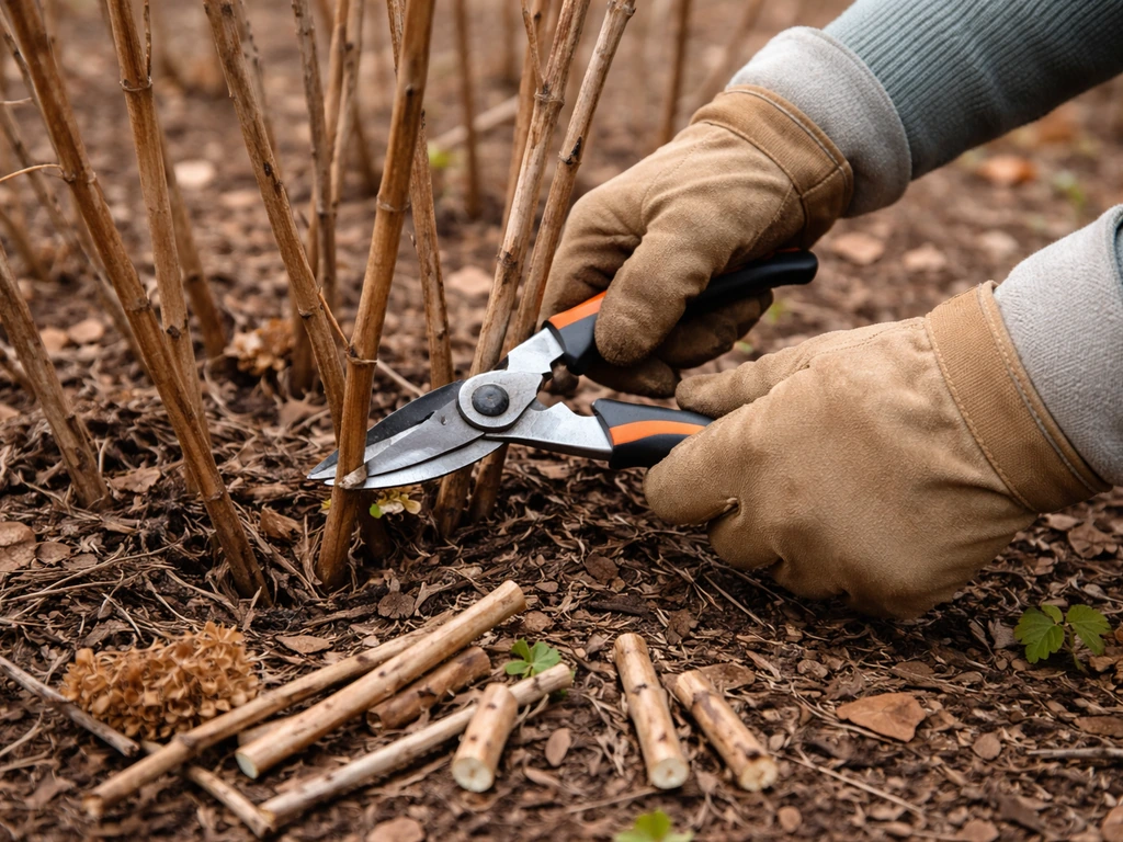 Hands using clean bypass pruners to cut back panicle hydrangea canes in early spring garden