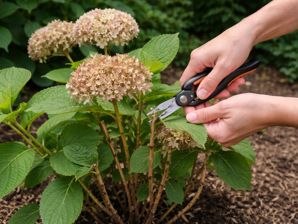 Hands prune spent blooms on a bigleaf hydrangea on old wood in a simple garden bed.