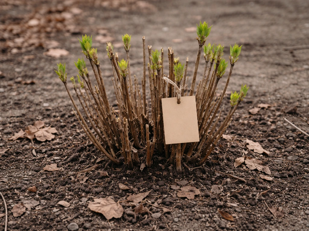 Hydrangea shrub with brown winter-damaged canes and early regrowth hints in a simple spring garden bed.
