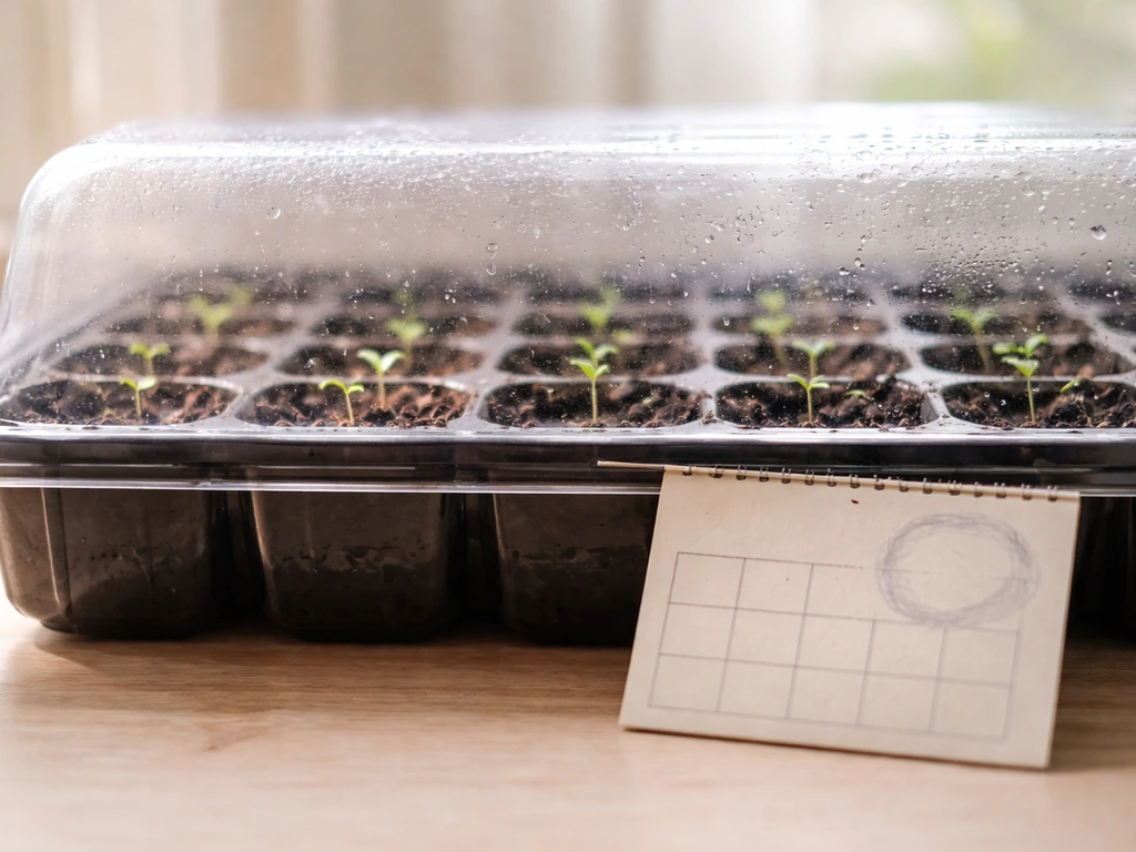 Hydrangea seedlings sprouting in a seed tray under a clear dome with a simple frost-timing prop nearby.