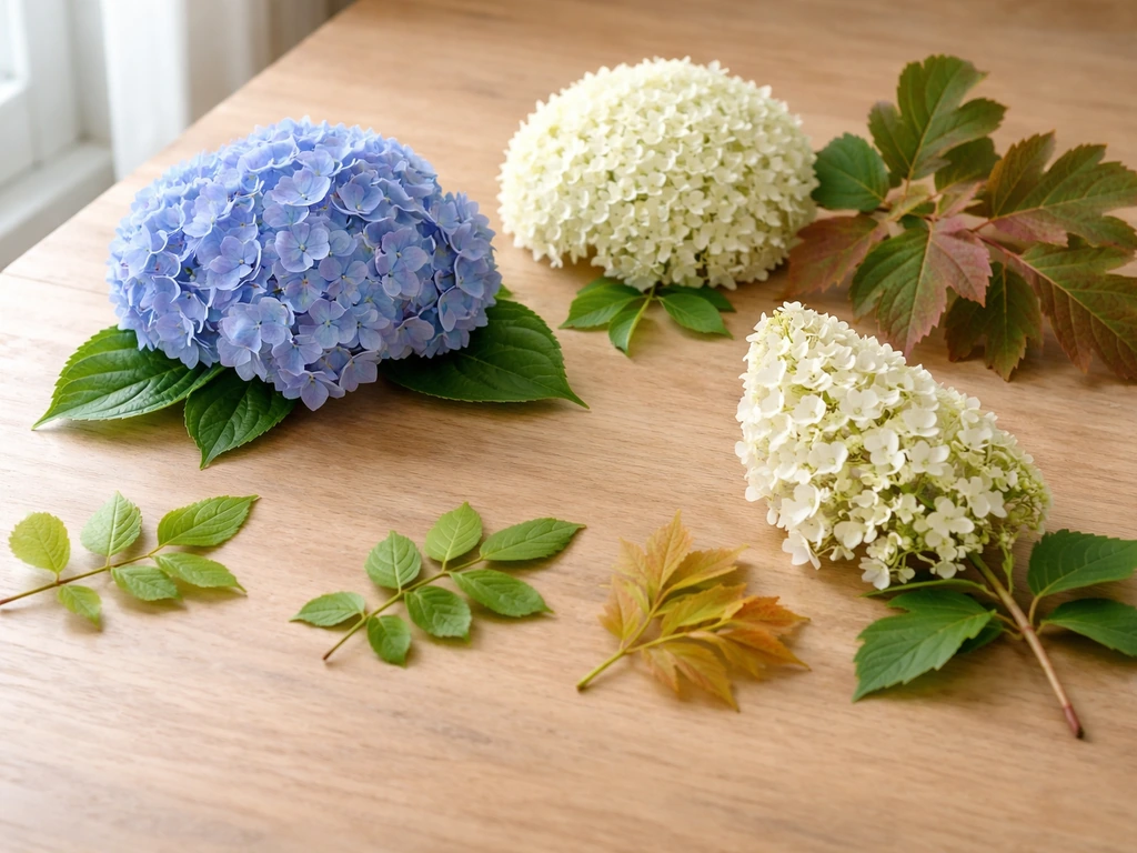 Four hydrangea types arranged on a wooden table with seasonal foliage cues, no text or labels.