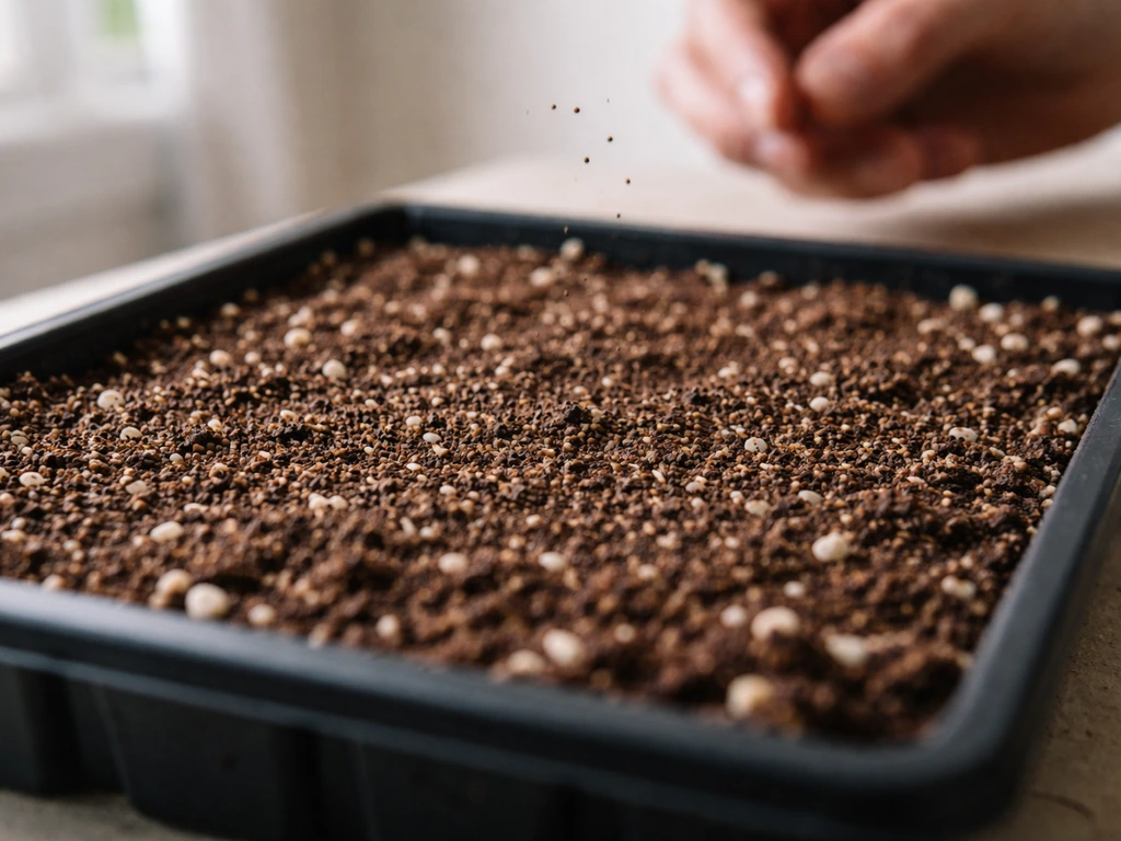 Hydrangea seeds sprinkled on moist seed-starting mix surface with no covering
