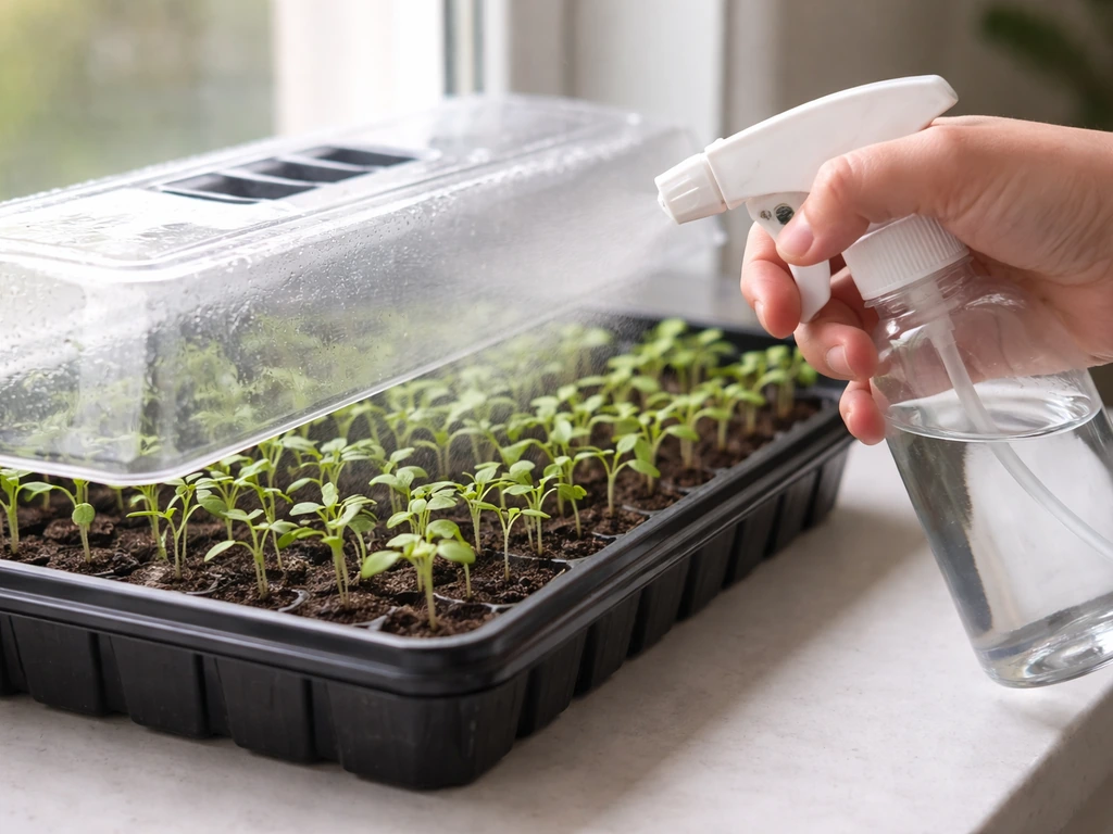 Seedling tray on a windowsill with humidity dome partially open and fine mist from a spray bottle