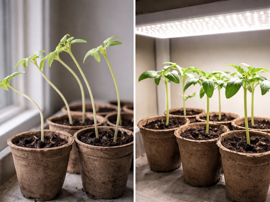 Side-by-side seedlings: pale, leggy sprouts on one side and compact green seedlings near a grow light on the other.