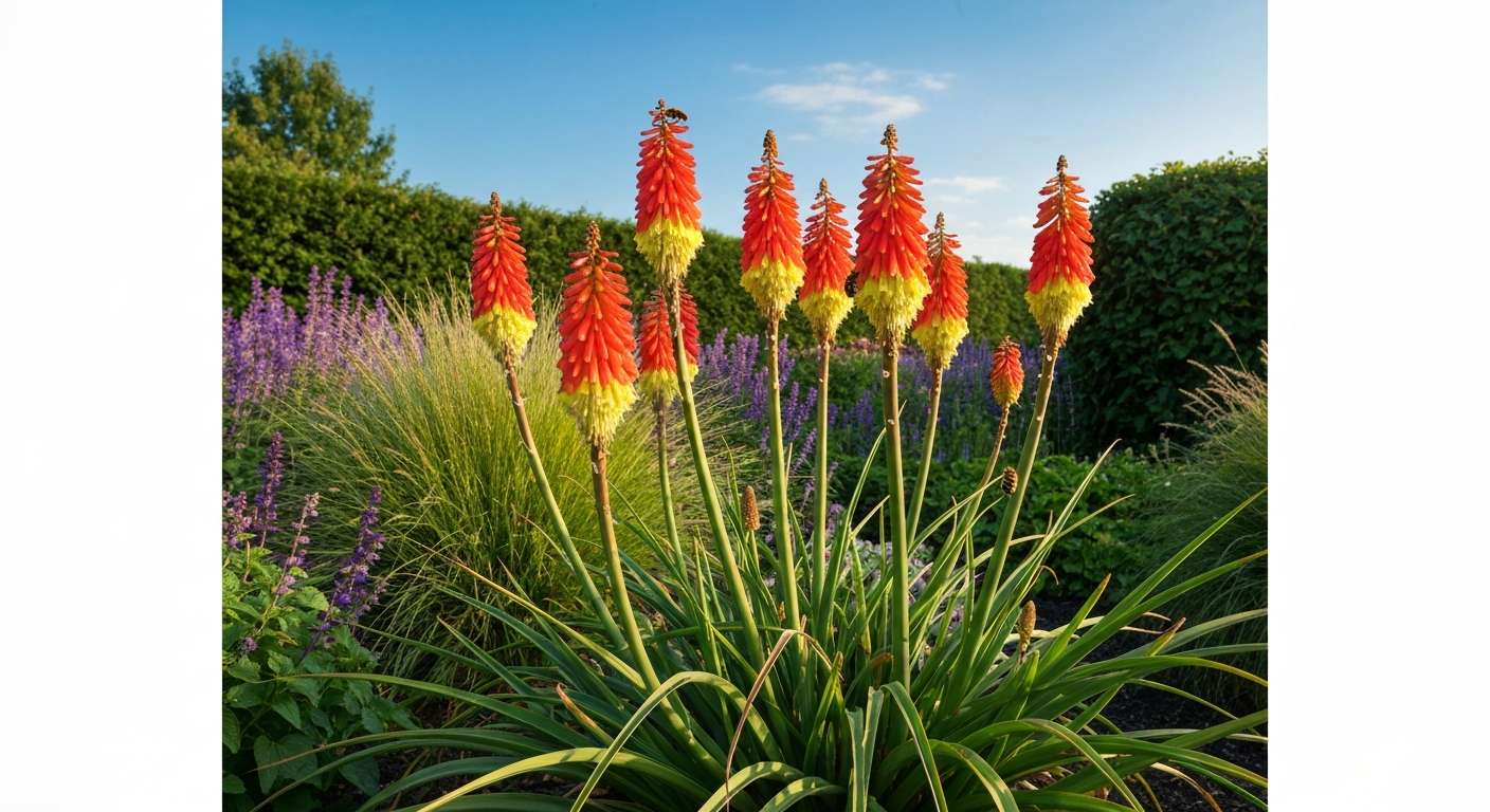 Mature Kniphofia (red hot poker) in a sunny mixed border, tall flame-colored flower spikes and green strap leaves in warm light.
