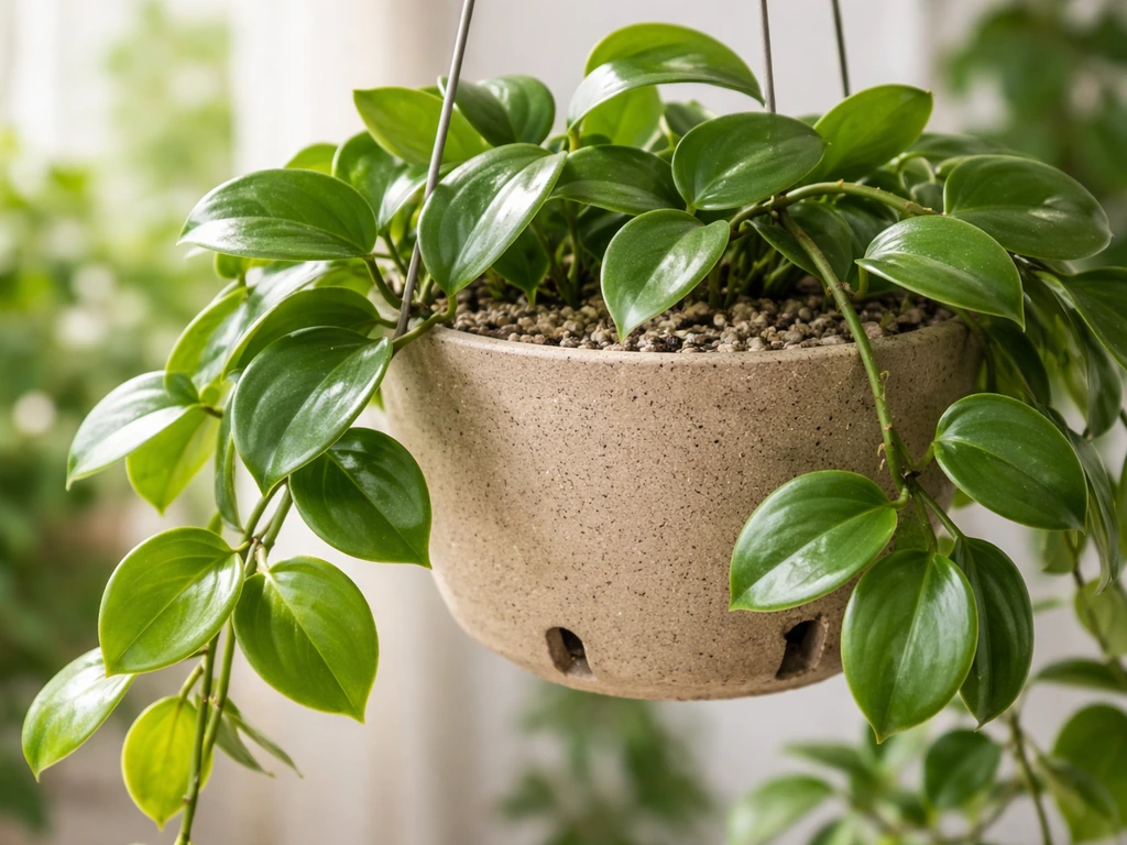 Close-up of a healthy hoya vine with thick green leaves in a well-draining hanging pot