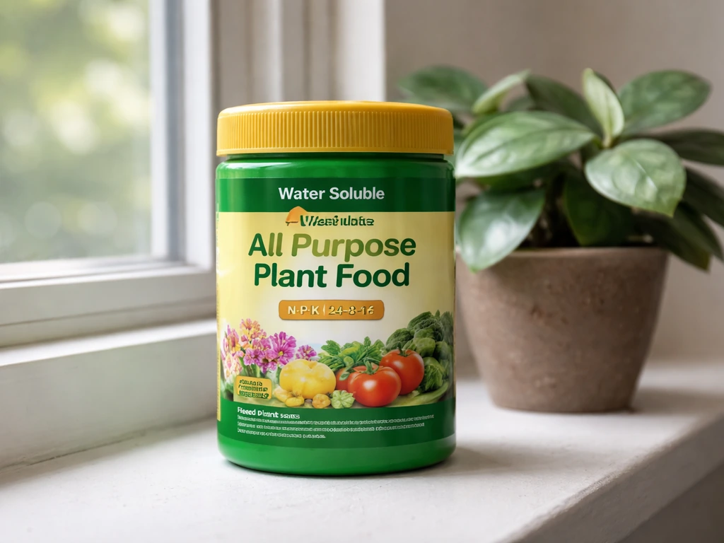 Water-soluble fertilizer container beside a small hoya plant on a sunny windowsill, label details visible.