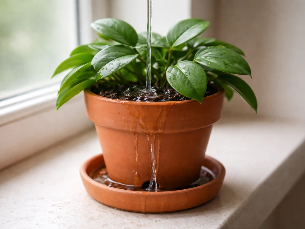 Plant pot being gently flushed with water to leach excess fertilizer salts, improving drainage.