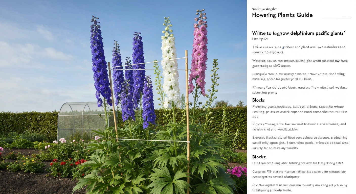 Tall Delphinium 'Pacific Giants' flower spikes in mixed colors, staked and growing in a sunny sheltered garden bed.