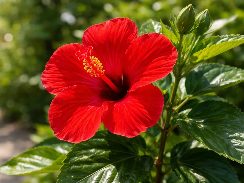 Close-up of a vibrant red hibiscus bloom in bright sun with glossy green leaves