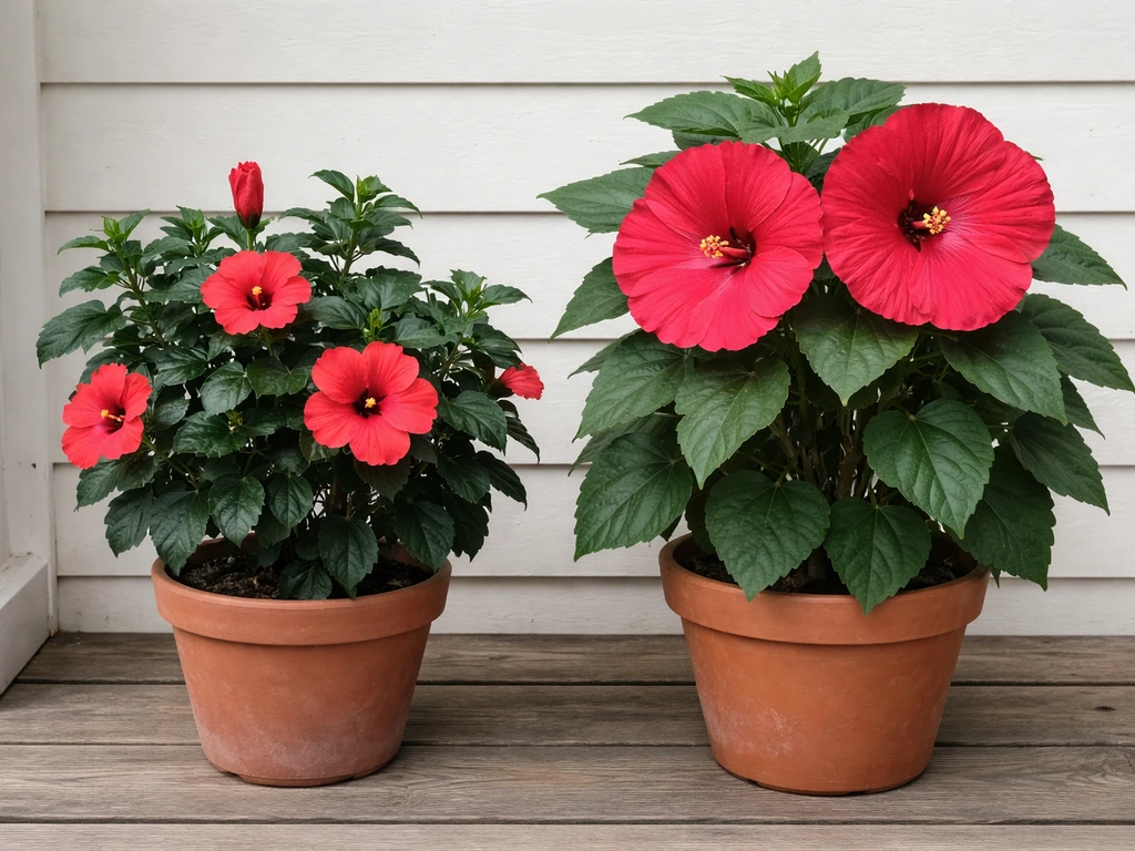 Two potted hibiscus plants—tropical with smaller blooms and hardy with larger blooms—side-by-side on a porch.