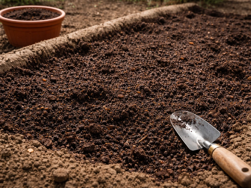 Fresh compost mixed into well-draining soil in a prepared bed for red hibiscus planting.