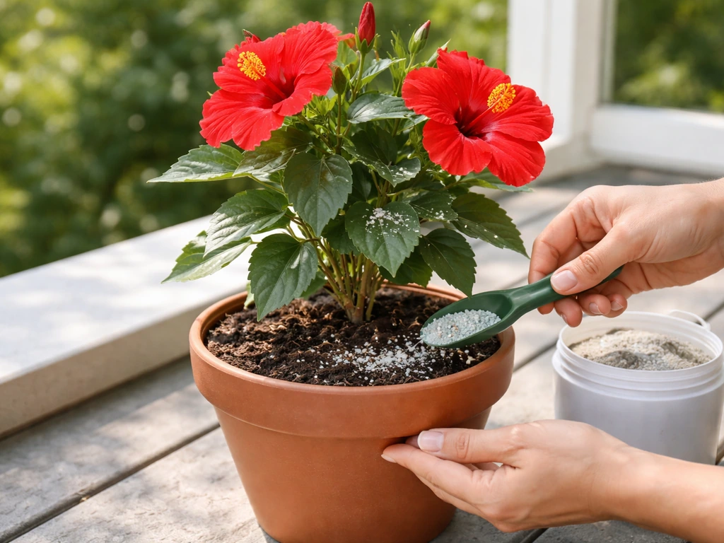 Hands top-dressing a potted hibiscus with fertilizer granules near the soil, vibrant red blooms in background.