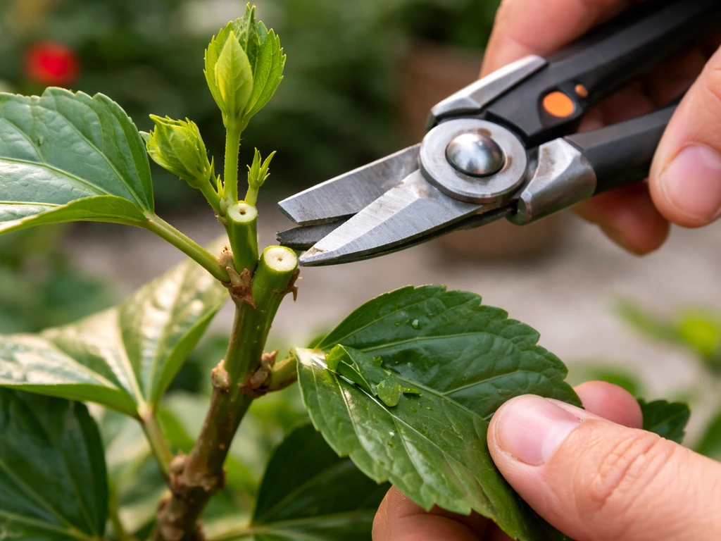 Close-up of hands pruning a tropical hibiscus stem with fresh green cuts and new growth