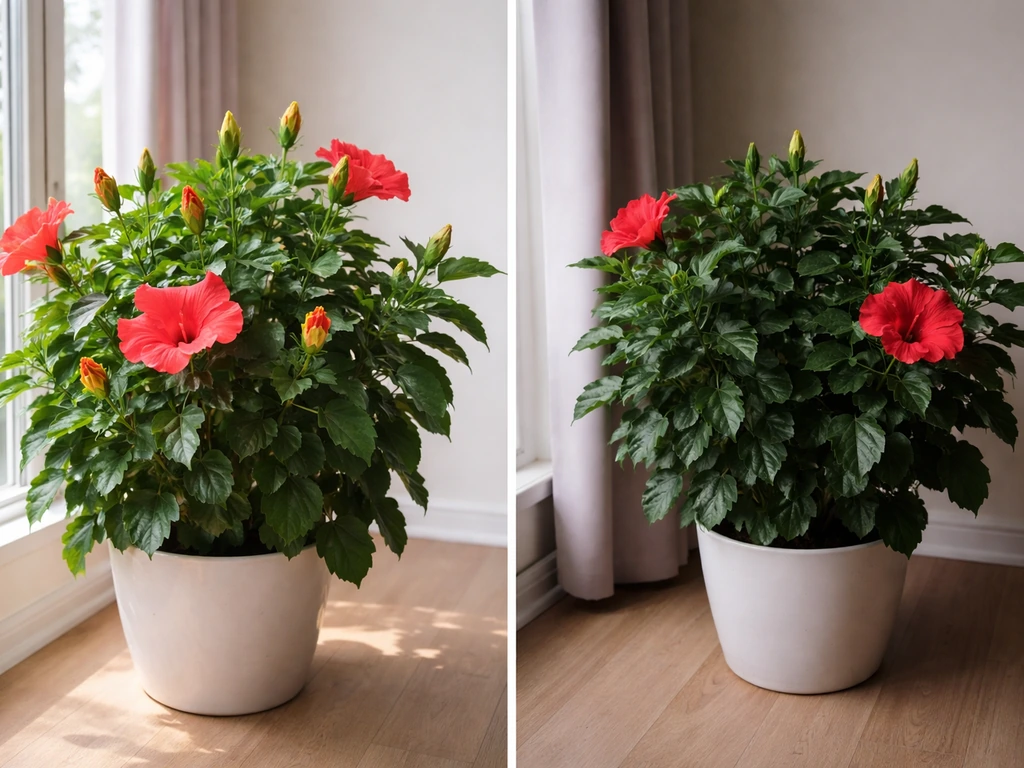 Red hibiscus plant showing several flower buds in bright light, and low-light corner with fewer buds