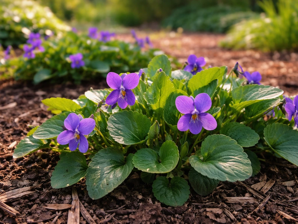 Close-up of violet flowers blooming in a tidy home garden bed with lush green leaves.