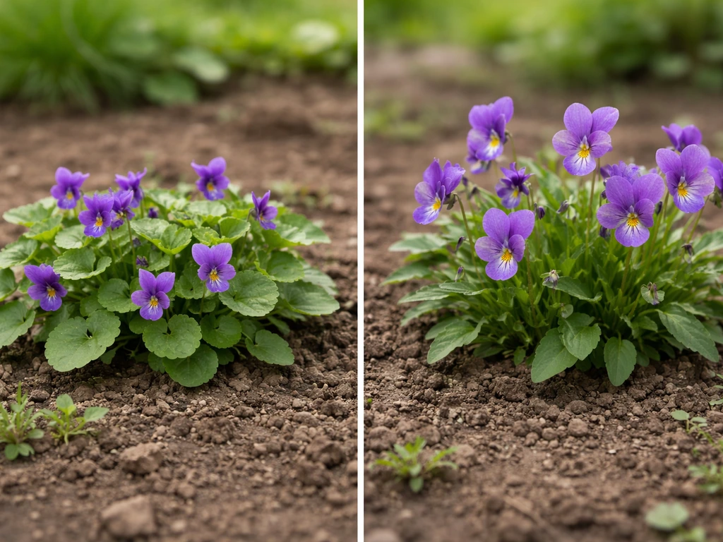Two different violet plants side by side in garden soil, showing distinct blooms and leaves.
