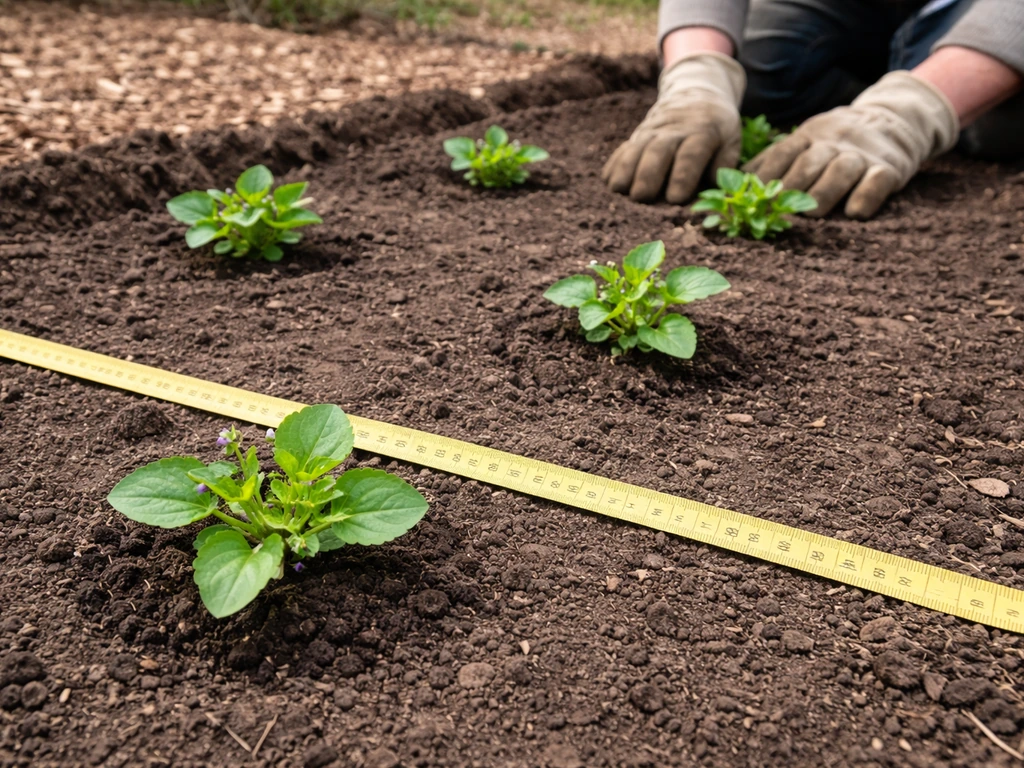 Young violet seedlings spaced with visible gaps in a garden bed and a measuring tape reference on soil.