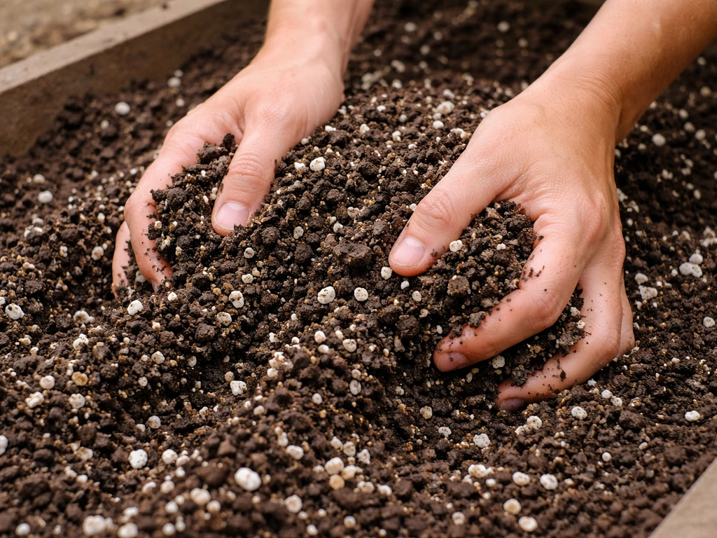 Close-up of a gardener mixing compost with perlite and coarse grit in a soil bed for violets