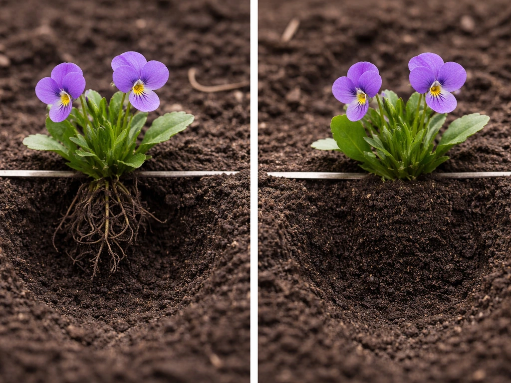 Close-up of violet transplants showing correct crown-at-soil-level vs too-deep planting in dark soil.