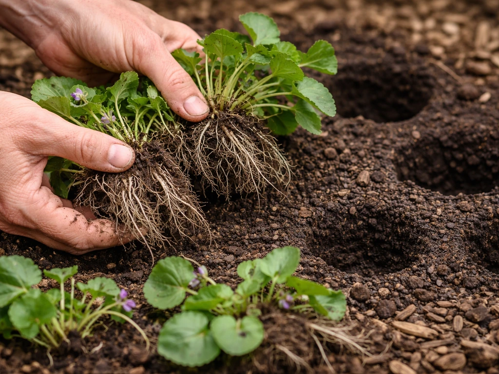 Gardener dividing sweet violet clumps, showing roots and fresh planting holes in soil.