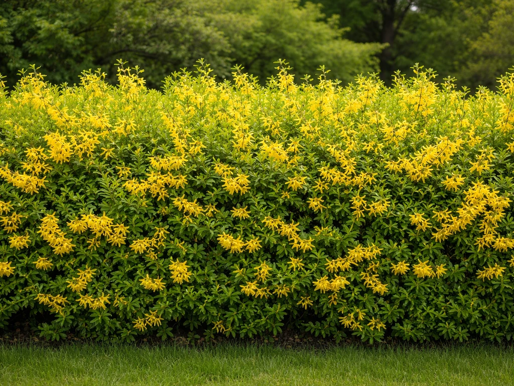 Front view of a dense forsythia hedge covered in bright yellow blooms in spring.