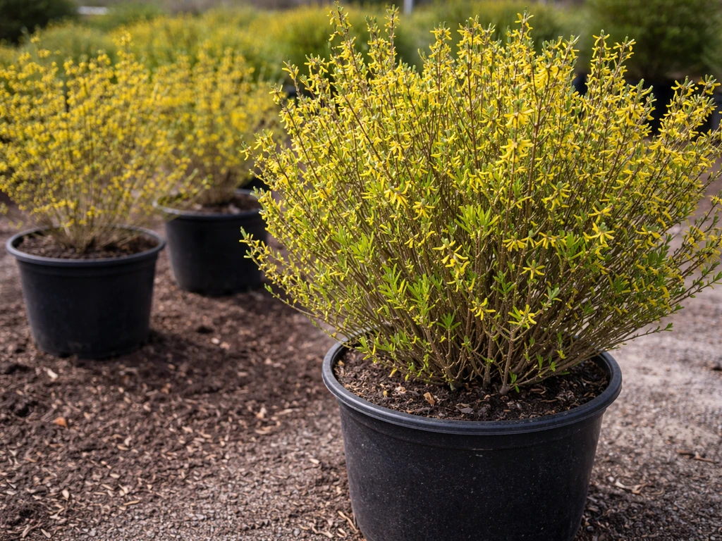 Close-up of forsythia shrubs in pots with different sizes, suitable for selecting a hedge variety.