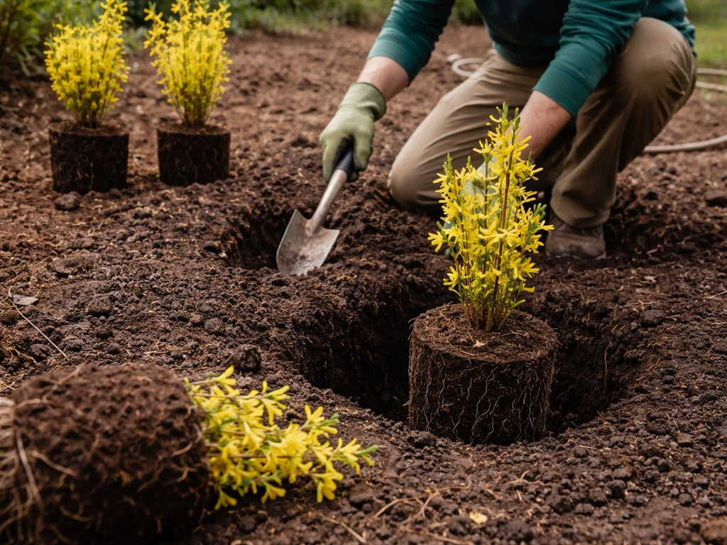 Gardener digging wide holes and setting young forsythia root balls at spaced intervals for a dense hedge