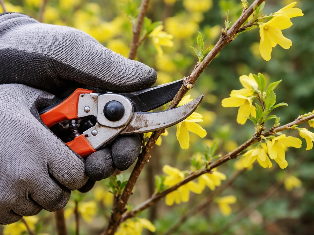 Gloved hands pruning forsythia canes with shears, with bright spring blossoms nearby.
