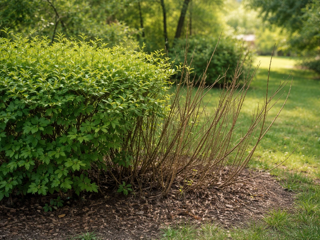 Close-up of a forsythia hedge with sparse leggy growth in shade and denser growth on a brighter side.