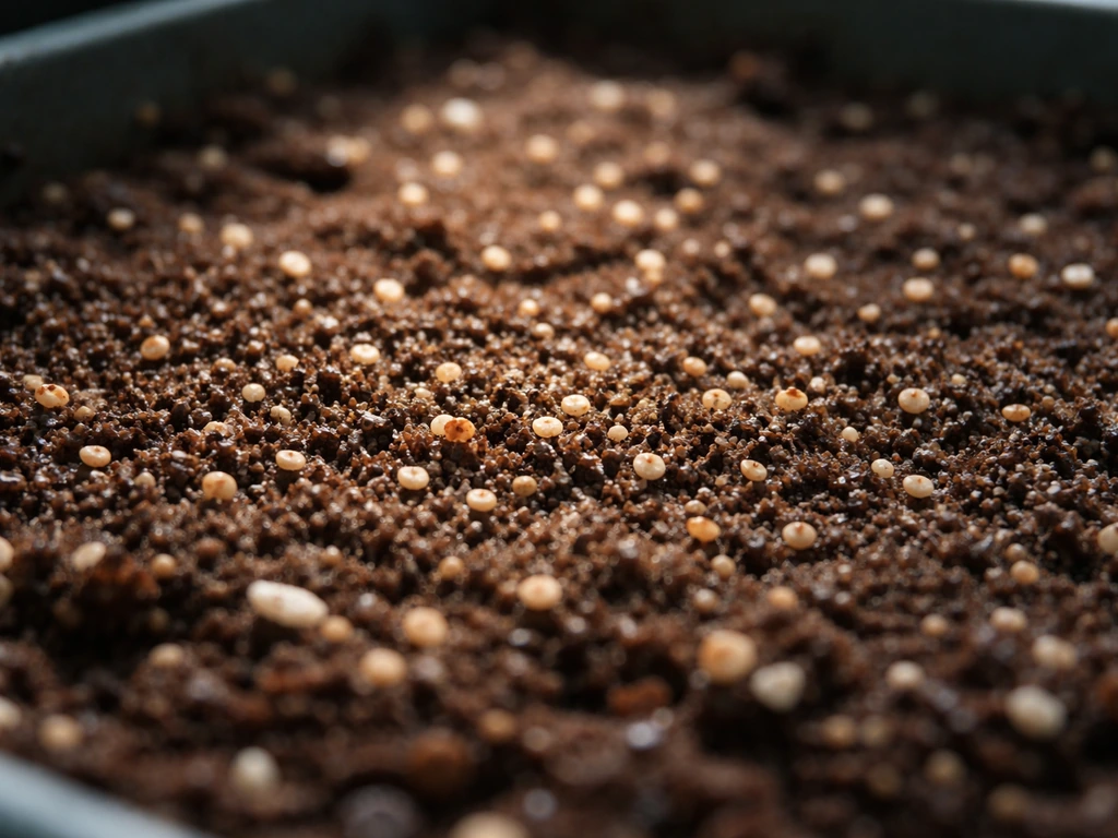 Hydrangea seeds scattered on moist seed-starting mix, clearly uncovered with light falling from above.