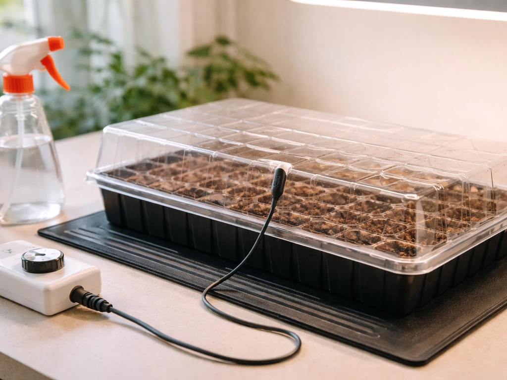 Indoor seed tray on a heat mat with thermometer probe, timer for a grow light, and evenly moist medium.