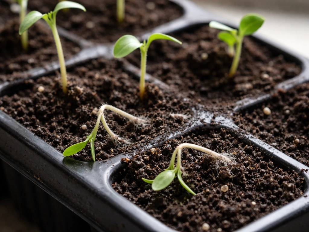 Seedlings collapsed at the soil line with damp, dark growing medium showing early fungal rot.