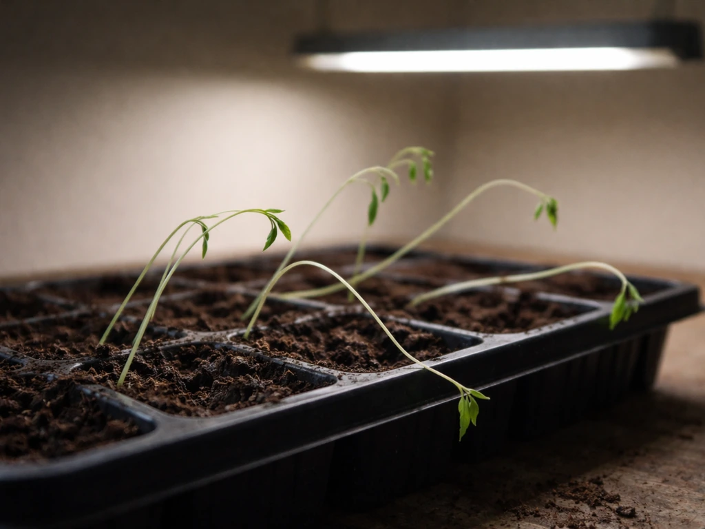 Leggy, spindly seedlings flopping over under a grow light positioned too far away.