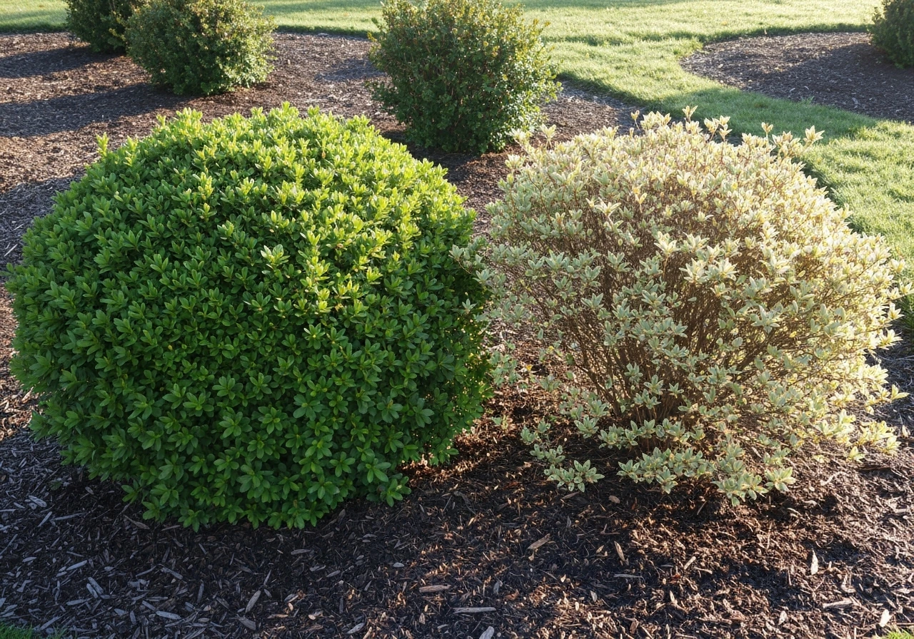 Side-by-side evergreen and deciduous azalea bushes in a minimal garden bed under natural light